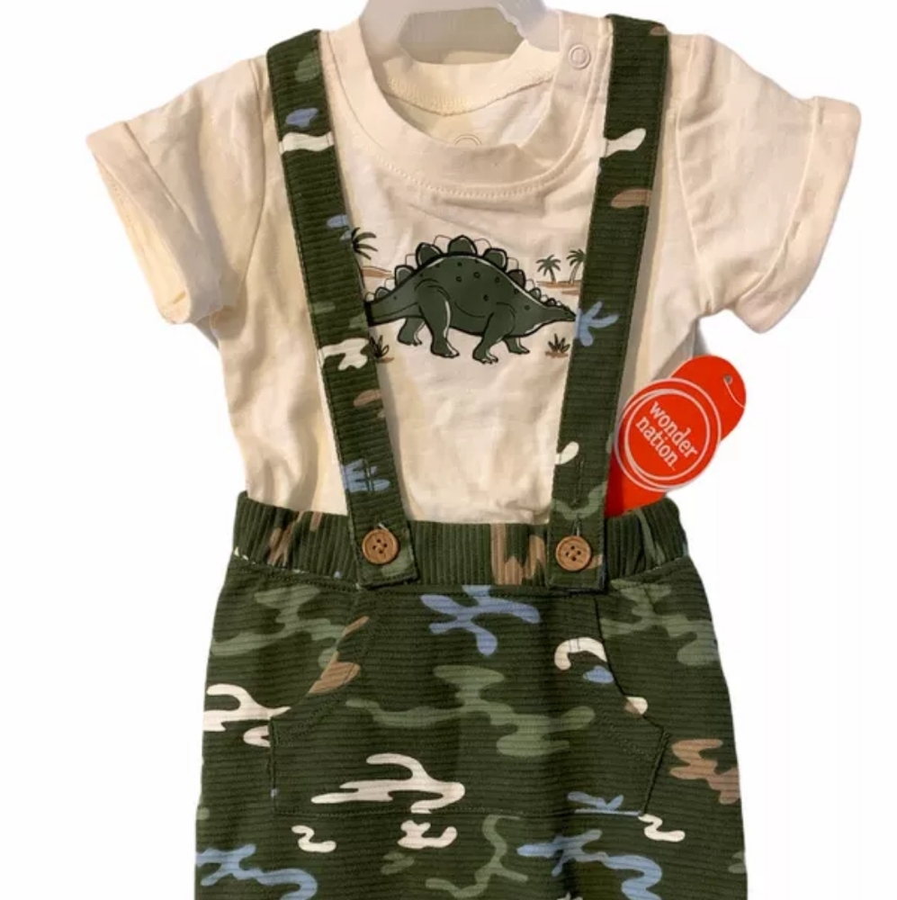Wonder Nation Baby Boys DINO T- Shirt & Overalls 2 Piece Set Tag-Free-Comfort.